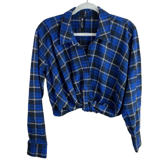 Zara Tops - Zara Women’s Blue Plaid Cropped Criss Cross Front Shirt Top Sz L